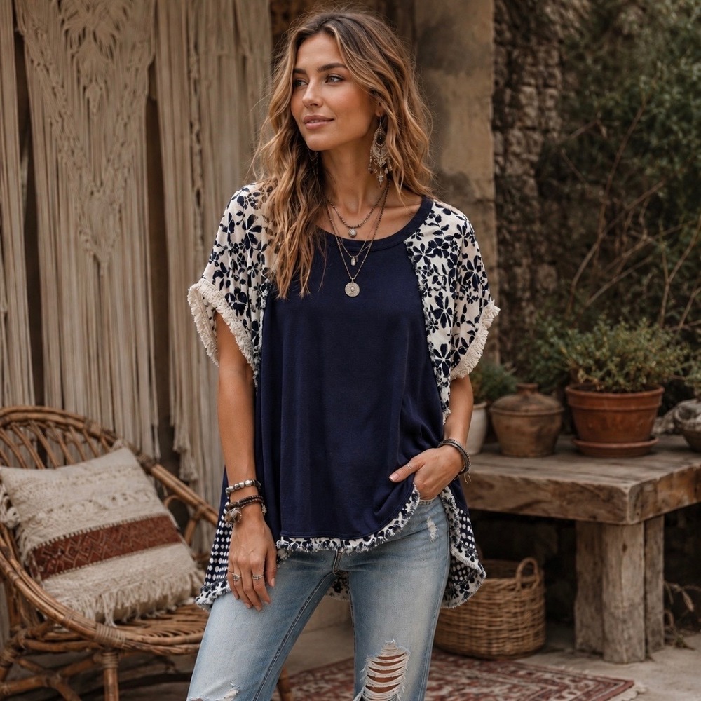 Flowy Boho Floral Polka Dot Crochet Fringe Blouse L Mixed Media High Low Summer